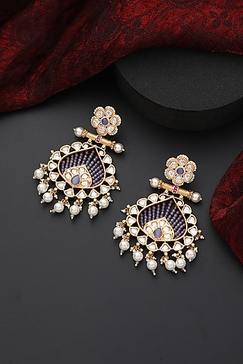 Rose Gold Finish Lavender Kundan Polki Handmade Dangler Earrings