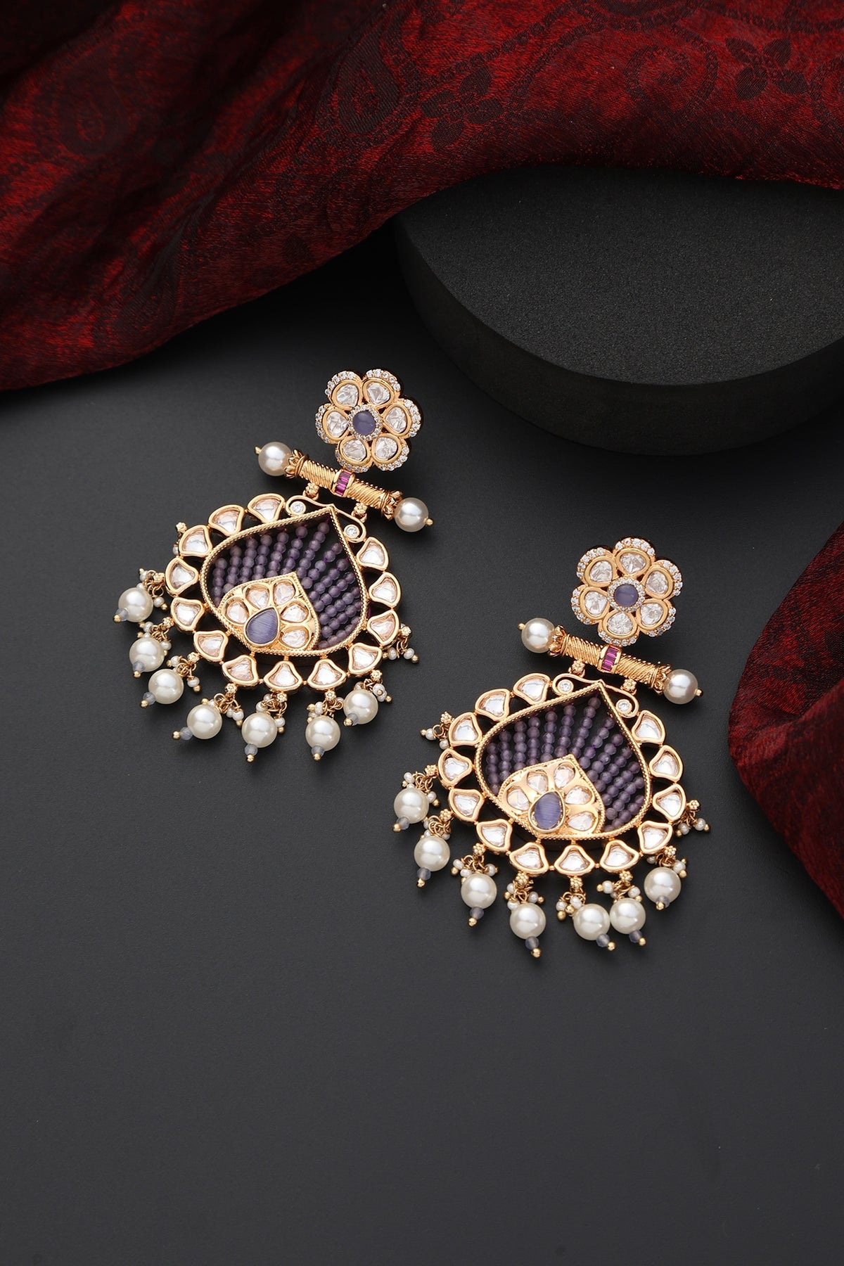 Rose Gold Finish Lavender Kundan Polki Handmade Dangler Earrings