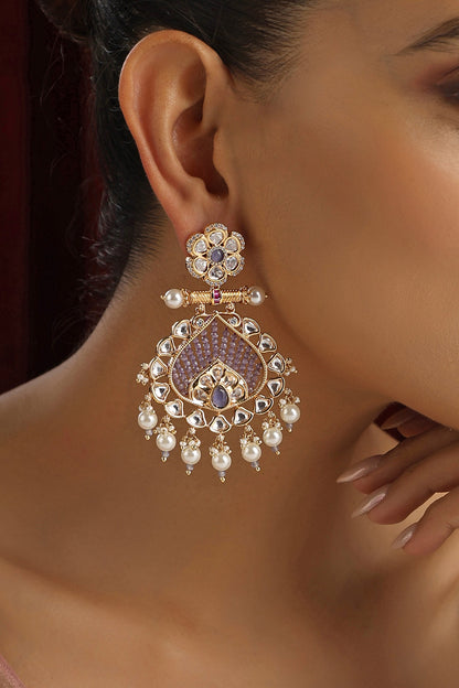 Rose Gold Finish Lavender Kundan Polki Handmade Dangler Earrings