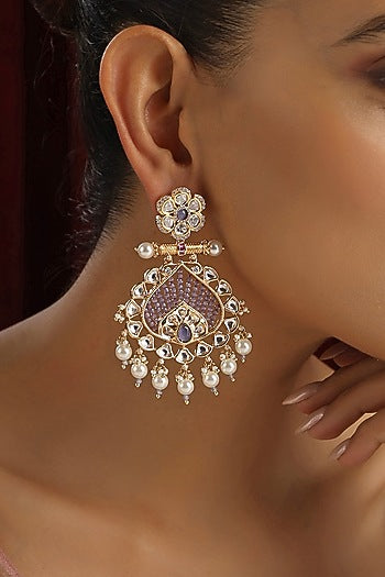Rose Gold Finish Lavender Kundan Polki Handmade Dangler Earrings