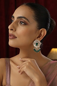 Gold Finish Green Kundan Polki Handmade Dangler Earrings