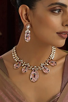 Rose Gold Finish Pink Kundan Polki Handmade Necklace Set