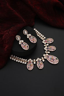 Rose Gold Finish Pink Kundan Polki Handmade Necklace Set