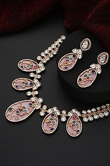 Rose Gold Finish Pink Kundan Polki Handmade Necklace Set