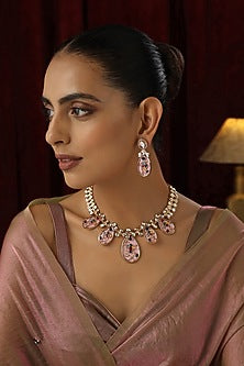 Rose Gold Finish Pink Kundan Polki Handmade Necklace Set