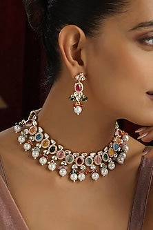 Rose Gold Finish Multi-Colored Kundan Polki & Pearl Handmade Choker Necklace Set