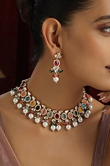 Rose Gold Finish Multi-Colored Kundan Polki & Pearl Handmade Choker Necklace Set