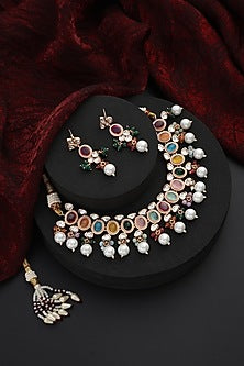 Rose Gold Finish Multi-Colored Kundan Polki & Pearl Handmade Choker Necklace Set