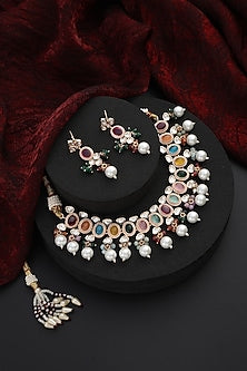 Rose Gold Finish Multi-Colored Kundan Polki & Pearl Handmade Choker Necklace Set