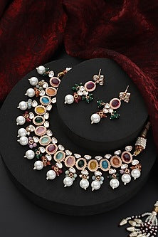 Rose Gold Finish Multi-Colored Kundan Polki & Pearl Handmade Choker Necklace Set