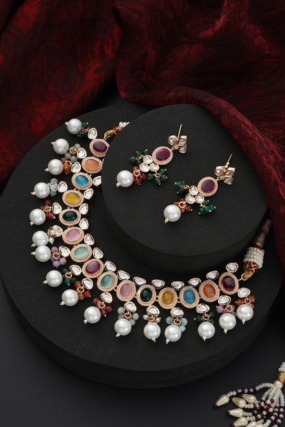 Rose Gold Finish Multi-Colored Kundan Polki & Pearl Handmade Choker Necklace Set