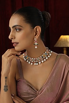 Rose Gold Finish Multi-Colored Kundan Polki & Pearl Handmade Choker Necklace Set