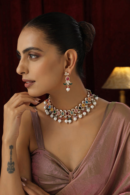 Rose Gold Finish Multi-Colored Kundan Polki & Pearl Handmade Choker Necklace Set