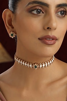 Rose Gold Finish Green Kundan Polki Handmade Choker Necklace Set