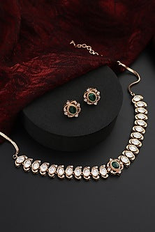 Rose Gold Finish Green Kundan Polki Handmade Choker Necklace Set