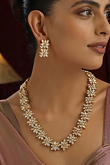 Gold Finish Kundan Polki Handmade Long Necklace Set