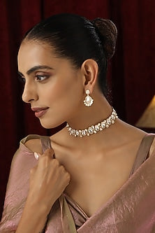 Rose Gold Finish Kundan Polki Handmade Choker Necklace Set