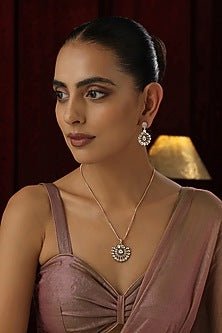 Rose Gold Finish Green Kundan Polki Handmade Pendant Necklace Set