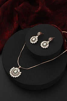 Rose Gold Finish Green Kundan Polki Handmade Pendant Necklace Set