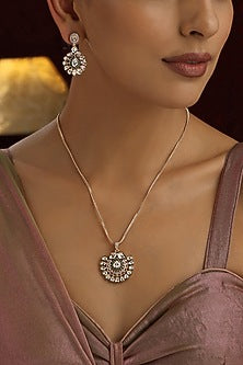 Rose Gold Finish Green Kundan Polki Handmade Pendant Necklace Set