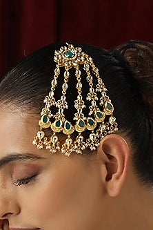 Rose Gold Finish Green Kundan Polki Handmade Pasa