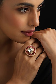 Gold Finish Red Kundan Polki Adjustable Ring