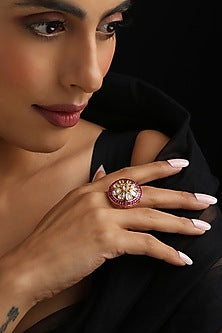 Rose Gold Finish Red Kundan Polki Adjustable Ring
