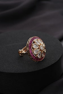 Rose Gold Finish Red Kundan Polki Adjustable Ring