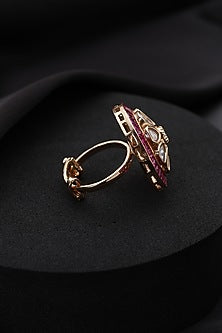 Rose Gold Finish Red Kundan Polki Adjustable Ring