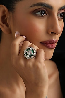 Gold Finish Green Kundan Polki Adjustable Ring