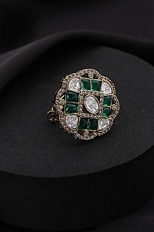 Gold Finish Green Kundan Polki Adjustable Ring