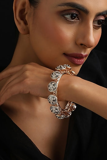 Rose Gold Finish Green Kundan Polki Pacheli Kada