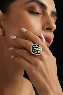 Rose Gold Finish Green Kundan Polki Meenakari Adjustable Ring