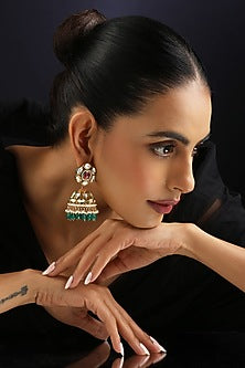 Gold Finish Green Kundan Polki Handmade Jhumka Earrings