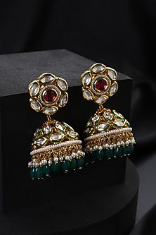 Gold Finish Green Kundan Polki Handmade Jhumka Earrings