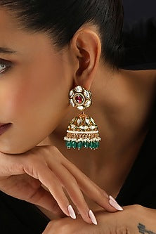 Gold Finish Green Kundan Polki Handmade Jhumka Earrings