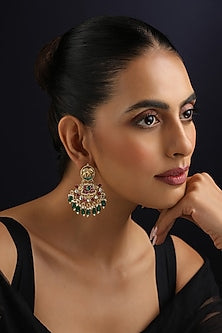 Gold Finish Multi-Colored Kundan Polki Handmade Chandbali Earrings