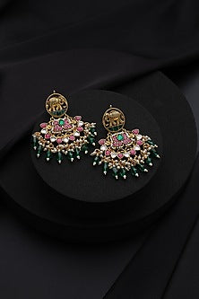 Gold Finish Multi-Colored Kundan Polki Handmade Chandbali Earrings