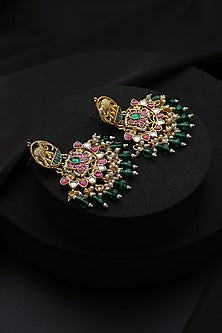 Gold Finish Multi-Colored Kundan Polki Handmade Chandbali Earrings