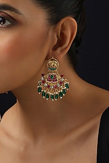 Gold Finish Multi-Colored Kundan Polki Handmade Chandbali Earrings