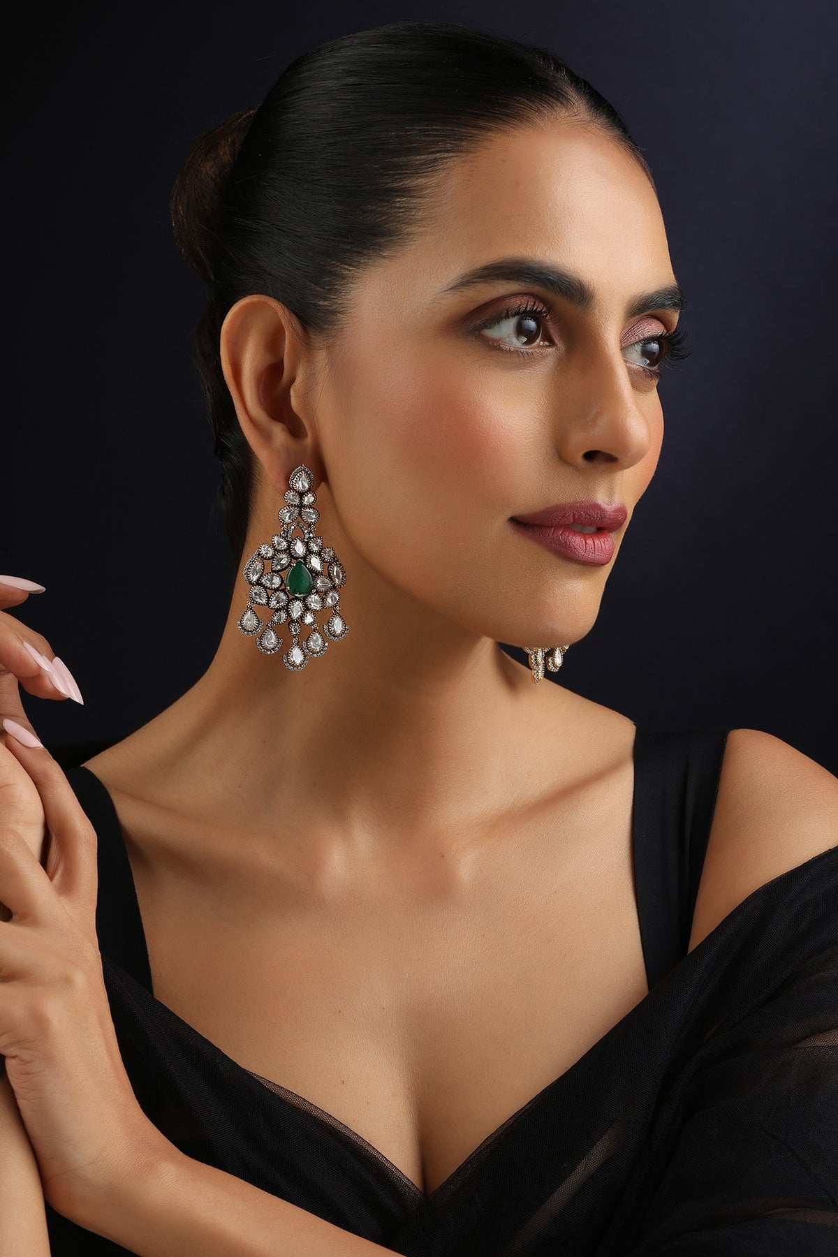 Gold Finish Green Kundan Polki Dangler Earrings