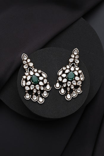 Gold Finish Green Kundan Polki Dangler Earrings
