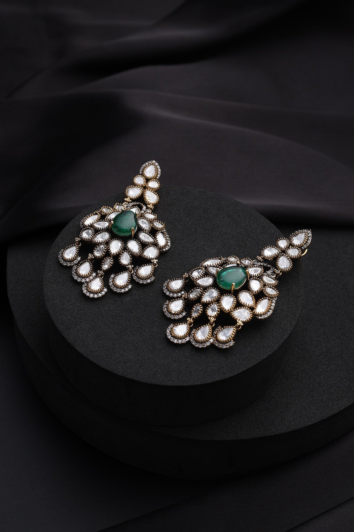 Gold Finish Green Kundan Polki Dangler Earrings