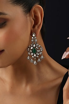 Gold Finish Green Kundan Polki Dangler Earrings