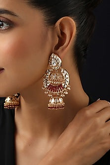 Rose Gold Finish Red Kundan Polki Jhumka Earrings