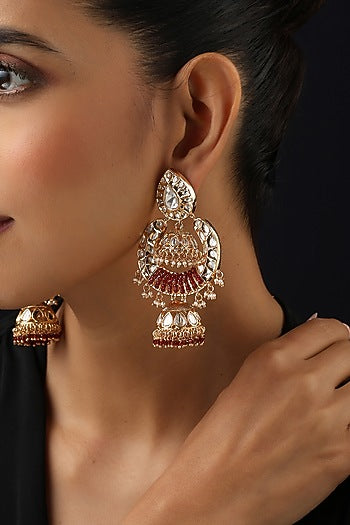 Rose Gold Finish Red Kundan Polki Jhumka Earrings