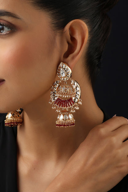 Rose Gold Finish Red Kundan Polki Jhumka Earrings