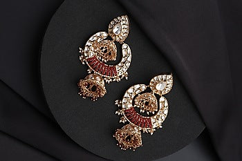Rose Gold Finish Red Kundan Polki Jhumka Earrings