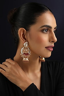 Rose Gold Finish Red Kundan Polki Jhumka Earrings