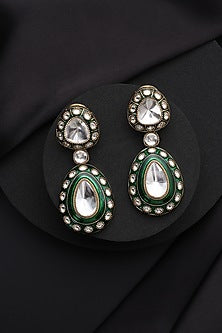 Gold Finish Green Kundan Polki Dangler Earrings